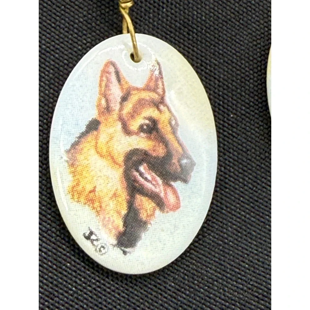 German Shepherd Dog Portrait Drop Earrings Gold Tone Bead Accent Oval Dangle